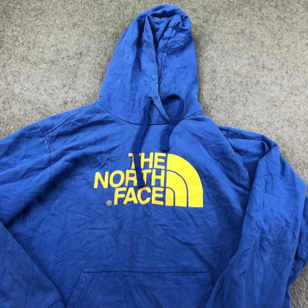 The North Face Hoodie Mens Large Blue Pullover Fleece Sweatshirt Big Logo Front
